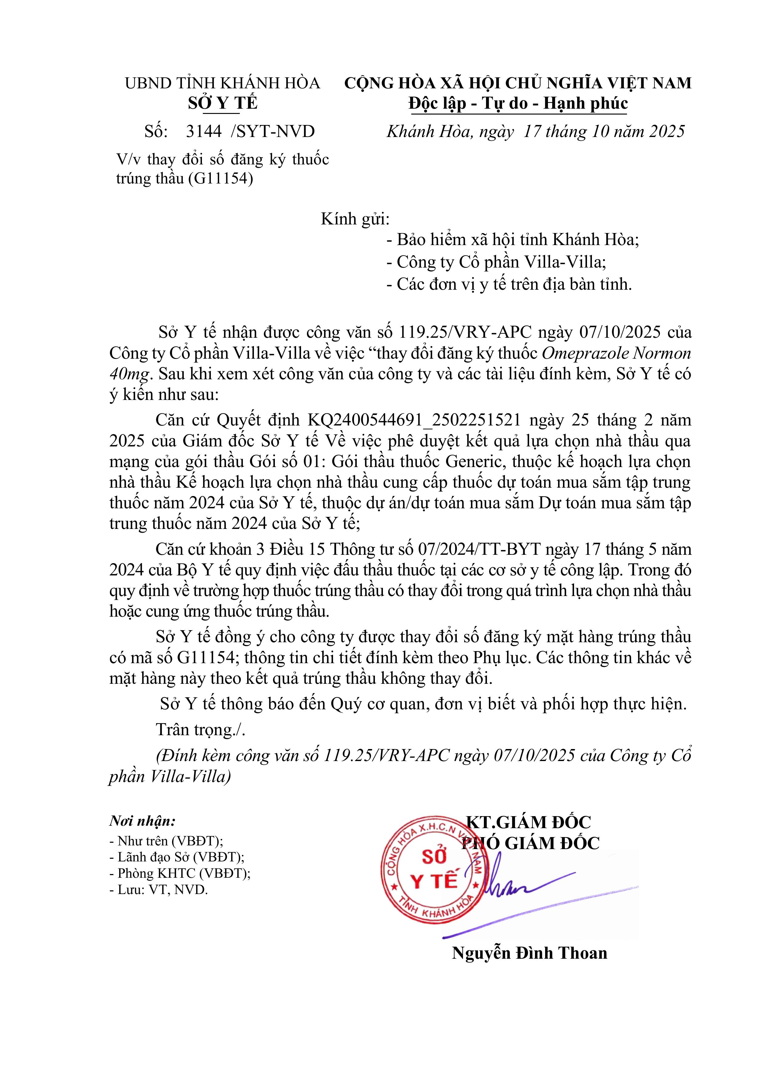 V/v thay đổi số đăng ký thuốc trúng thầu (G11154)